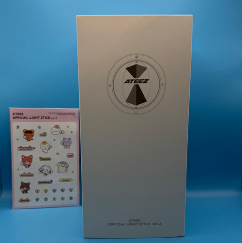 ATEEZ Official Light Stick ver.3 retail box with deco sticker sheet photographed by MyBiasHub