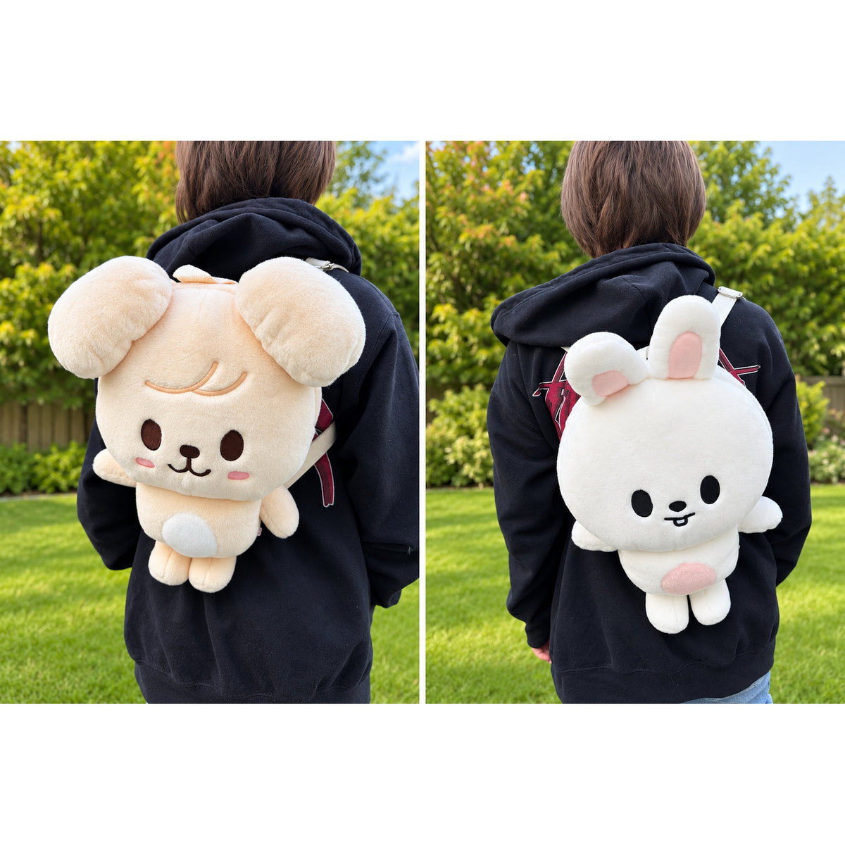 Stray Kids SKZOO plush backpacks worn outdoors — PuppyM and Leebit, sold individually